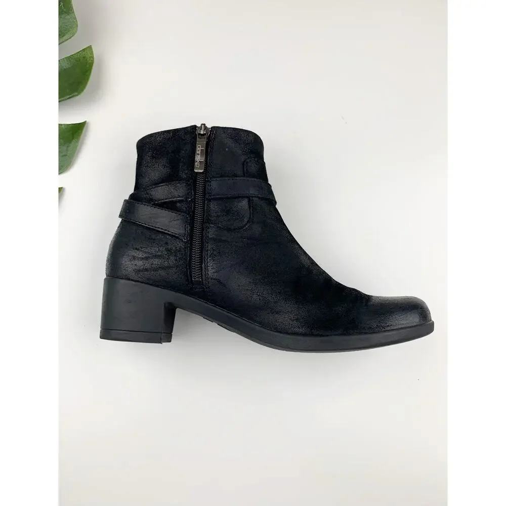 Dansko Cagney Ankle Boots Black Burnished Leather Booties Women's 37 US 6.5 7